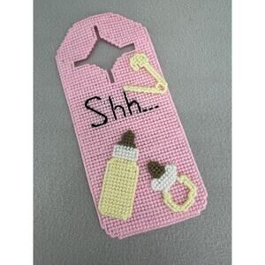 Baby Sleeping Door Hanger VTG 1980s Pink Needlepoint Handmade Nursery Décor